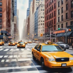 Foto op Plexiglas New York City street with taxi: watercolor art painting capturing urban landscape, architecture and the vibrant city life. © Antonio Giordano