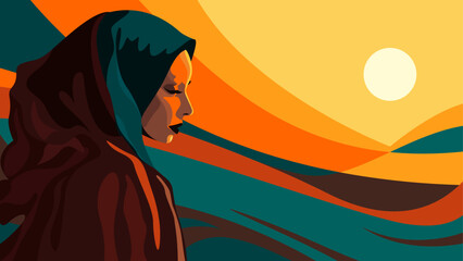 Bold vector illustration of an Islamic woman in hijab in front of an abstract horizon and sunset.