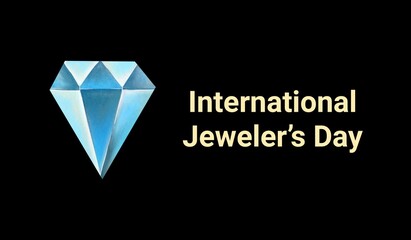 international Jeweler's Day greeting card. Lettering, precious stones huge diamond on black background for Card, horizontal Banner template, Flyer, Poster. hand made jewelry and accessories