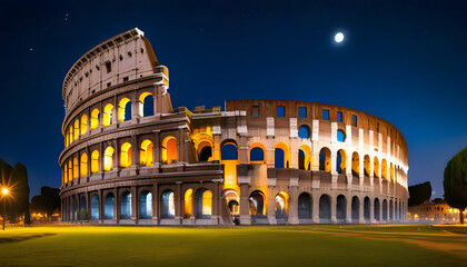 Rome's Colosseum at night under a full moon, stars scattered across the sky, lights illuminating...