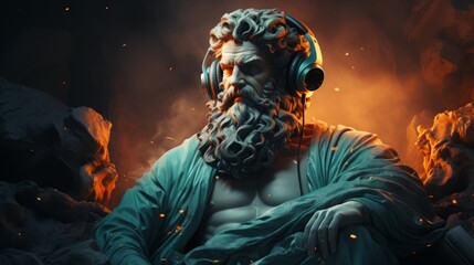 cinematic image of a marble statue of an ancient greek or roman god with defined muscular abs, long beard sitting on the stone clouds wearing over-ear headphones listening to music, teal and orange