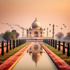 Naklejka premium Taj Mahal at sunset while birds flying around, as seen from Mehtab Bagh viewpoint, Agra