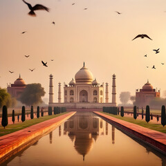 Fototapeta na wymiar Taj Mahal at sunset while birds flying around, as seen from Mehtab Bagh viewpoint, Agra