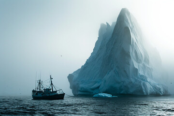Barco pesquero cerca de un enorme iceberg en un ambiente neblinoso (Generative AI) - obrazy, fototapety, plakaty