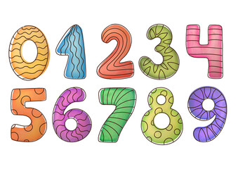 cutout Watercolor various multicolored numbers from 1 to 0 collection on transparent background. clipart cute symbols of children age for happy birthday cards. Learning numeracy, mathematics for kids