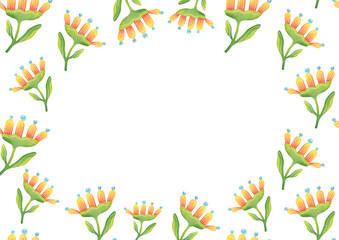 Obraz premium horizontal Background mockup. soft delicate flowers in pastel summer, spring colors. frame with copy space for greeting card. botanical yellow frame in watercolor style on transparent background
