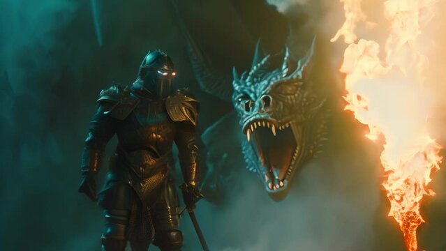 A medieval knight wearing armor plate battling a huge roaring dragon in a fantasy animation