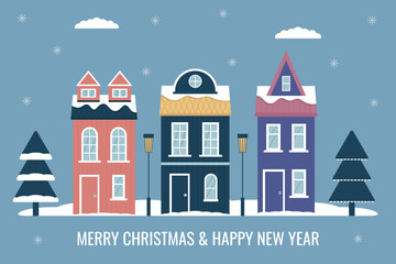 Merry Christmas and Happy New Year, cute landscape with Scandinavian houses. Vector illustration, EPS 10.