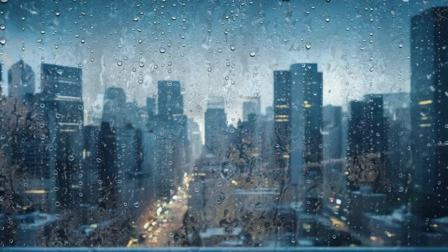 view of rainwater droplets on glass window with the view of cityscape