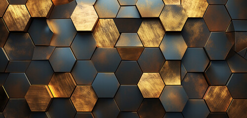 A captivating arrangement of hexagonal abstract metal surfaces, softly lit to showcase the texture and elegance of the metallic patterns and geometry.