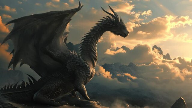 Beautiful fantasy dragon sitting in a cliff looking at the clouds animation