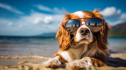 A dog in sunglasses lies near the ocean, generative AI