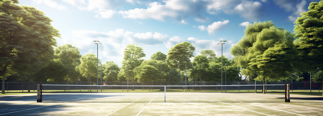 Banner with tennis court in city park, green trees all around, generative AI - obrazy, fototapety, plakaty