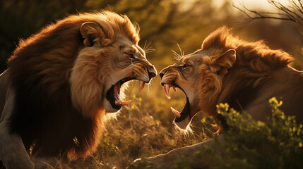 Dois leões adultos brigando na planice com grama alta no fundo desfocado - Papel de parede com iluminação cinematográfica - obrazy, fototapety, plakaty