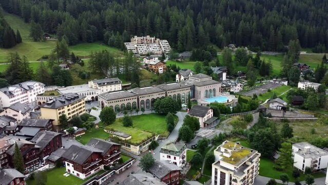 Aerial view of the Leukerbad. Loeche les bains. Village in the alps in Canton Valais in Switzerland. Famous thermal bath. Spa resorts. Real time.