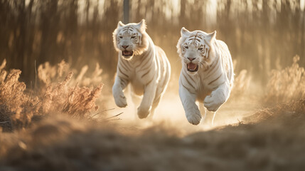 Dois tigres albinos correndo na planice com grama alta no fundo desfocado - Papel de parede com iluminação cinematográfica - obrazy, fototapety, plakaty