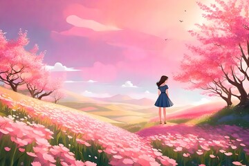 In the midst of sprawling fields adorned with pink flowers, an animated girl stands, her presence a vibrant addition to the picturesque landscape. 
