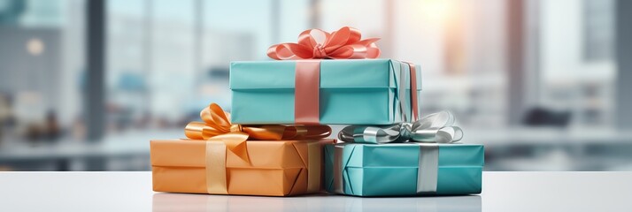 Vibrant and festive stacked gift boxes with blurred bokeh background of retail store window - obrazy, fototapety, plakaty