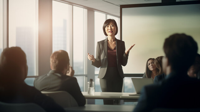 Femme asiatique cheffe d'entreprise fait un discours inspirant devant le board du conseil d'administration de son entreprise, cadres et ex&eacute;cutifs, symbole de leadership et de r&eacute;ussite