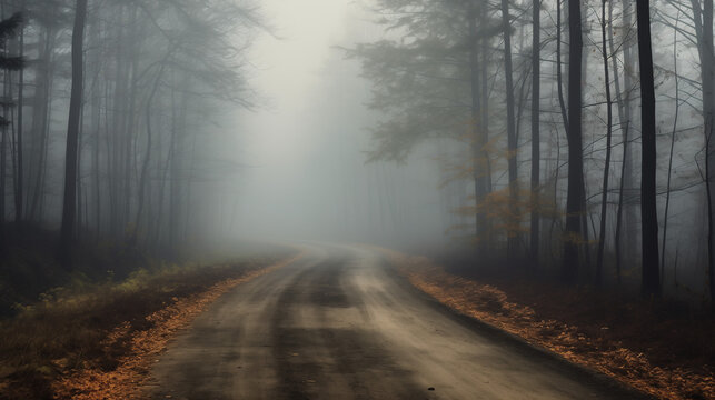 Chemin de campagne dans la for&ecirc;t qui se perd dans la brume, paysage forestier un matin d'automne