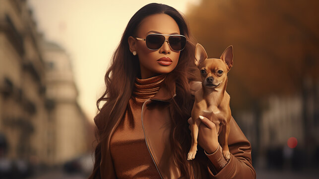 Une influence d'origine hispanique habill&eacute;e en style McBling et son chihuahua font du shopping sur l'avenue des Champs Elys&eacute;es &agrave; Paris