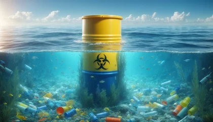 Fototapeten ocean with a split view: half underwater and half above water. The scene features a yellow biohazard barrel, with realistic proportions under and over the waterline. Underwater, there are various type © Lars