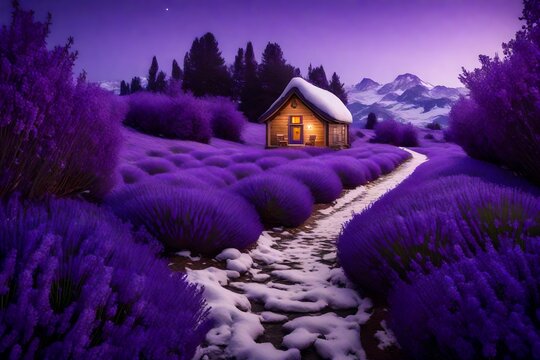 A hut in royal purple hues stands out in the wintry scene, nestled among lavender and violet blooms.