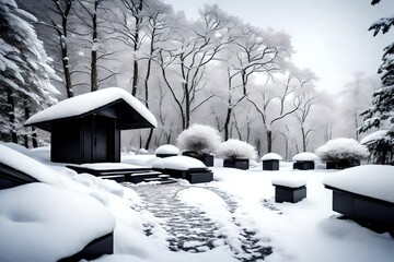 An onyx-colored hut stands amidst the snow, framed by monochrome trees. The pathway, made of sleek black stones, leads to a contemplative Zen garden