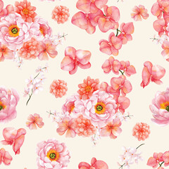 Seamless pattern with watercolor hand draw flowers in peach fuzz color, isolated on colored background