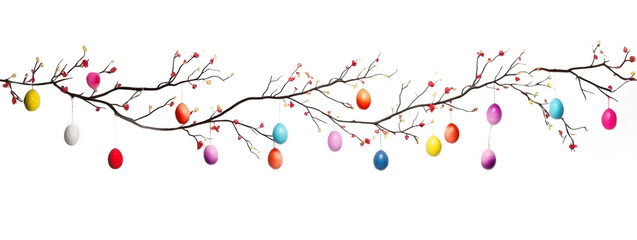 Colorful Easter eggs hanging on branch. isolated on white background. Spring time Easter holiday site header banner. Seamless pattern can be used for wallpaper, pattern fills, web page background