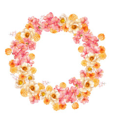 Watercolor hand draw floral wreath with flowers in peach fuzz colors, for wedding invitation, cards, posters, isolated on transparent background, PNG files
