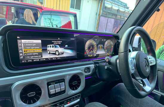 Nagahama, Shiga, Japan. Dec. 16, 2023. A Mercedes-Benz G-class touch control board or a Car styling GPS navigation screen glass dashboard display film.