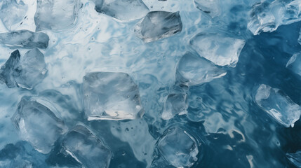 Obraz premium Broken ice in blue water. Natural ice. Cold frozen water. Winter season. Arctic glacier, north beauty. Abstract wallpaper, transparent texture. Generated AI