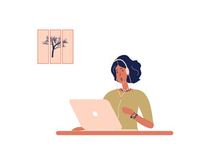 Girl tutor with headphones work on laptop.Remote work, distance learning or online training.Lady trainer or coach conduct webinar or workshop.Vector colourful illustration