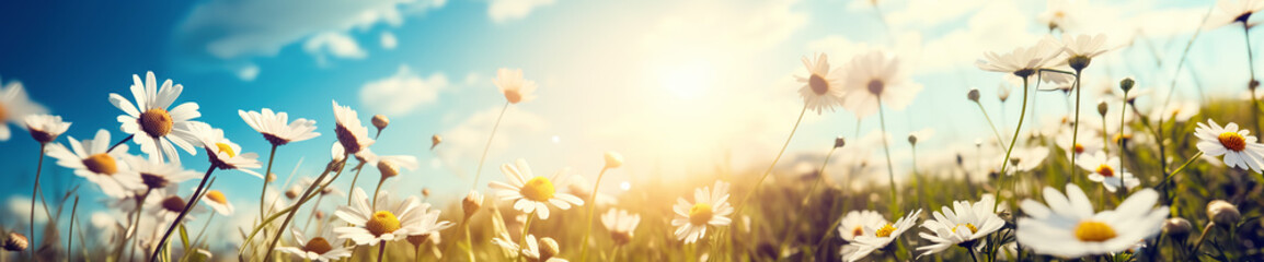 Field of daisies on the background of blue sky with clouds. Spring nature background. Panoramic image.