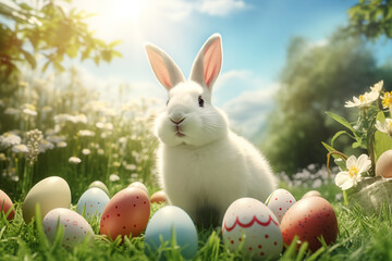 Fototapeta na wymiar An adorable white rabbit sits amid a vibrant Easter egg hunt on a sunny spring meadow, surrounded by blooming flowers