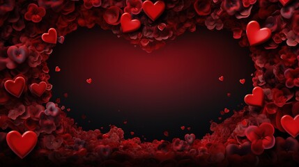 Romantic red heart frame with rose petals, elegant Valentines Day background, dark crimson floral border for wedding invitations and love letters © JamilaCreates