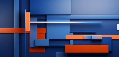 A captivating minimalist backdrop showcases a composition of dynamic blue shapes contrasted by bold and vivid orange lines, creating an intriguing and visually appealing geometric arrangement.