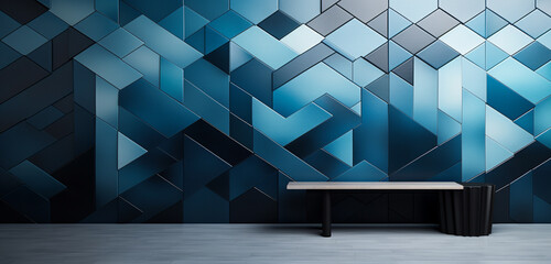 A contemporary setting featuring a gradient merging from dark graphite black to serene ocean blue, accented by understated geometric patterns for a modern touch. - obrazy, fototapety, plakaty