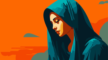 Minimalist illustration of a woman wearing a hooded robe in front of an abstract warm background.