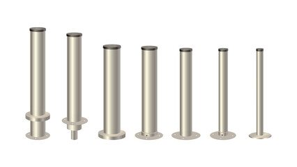 Metal columns with caps of different diameters. Steel 3d pipes. Metal poles. Vector design for advertising banners of street lamps - obrazy, fototapety, plakaty