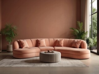 Curved sofa, ottoman and armchair against coral wall with copy space. Japanese style home interior
