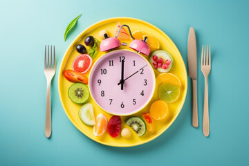 Colorful food and cutlery arranged in the form of a clock on a plate. Intermittent fasting, diet, weight loss, lunch time concept. Food and time intermittent fasting concept. Time for food - clock mad - obrazy, fototapety, plakaty