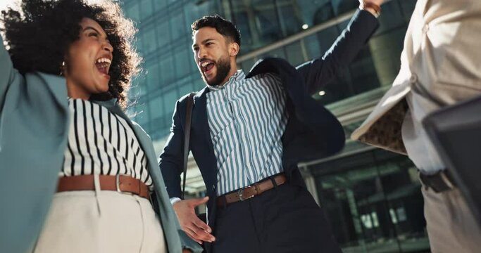 Business people, hands stack celebration and excited in city for goals, support and profit on investment. Men, woman and cheers together for winning, success and achievement with team in Cape Town