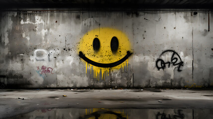 smiley face graffiti sprayed on a wall