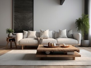 Fototapeta na wymiar White sofa with blanket and wooden coffee table against fireplace with firewood stack
