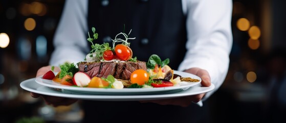 A Close-up of the Waiter's Hand Delivering a Plate of Food in a Restaurant Setting - obrazy, fototapety, plakaty