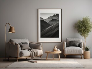 Grey armchair near beige loveseat sofa minimalist home interior wall copy space