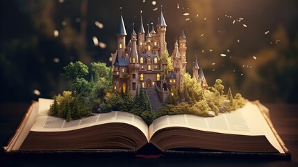 Fairytale concept, with open book and fairy tale castle  - obrazy, fototapety, plakaty