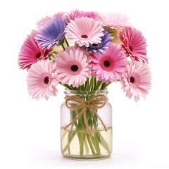 Bouquet of flowers in a glass vase on a white background.